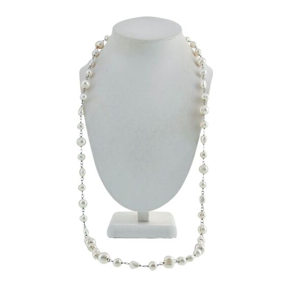 Sterling Silver Rosary Chain Style 8mm-11mm Baroque Pearl Beaded Necklace 35.5"